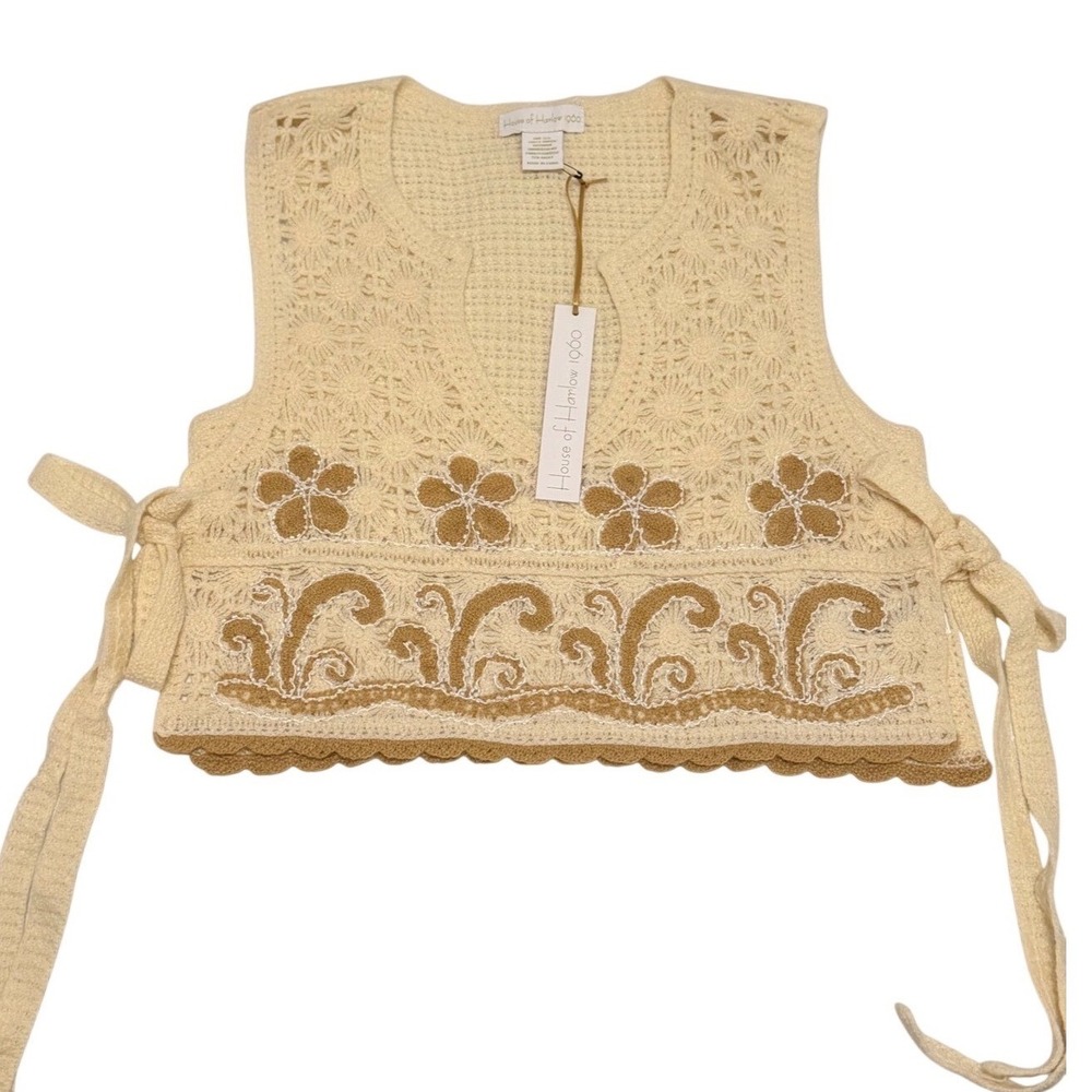 House of Harlow 1960 Crochet Knit Vest Ivory Tan Floral Side Tie One Size NWT